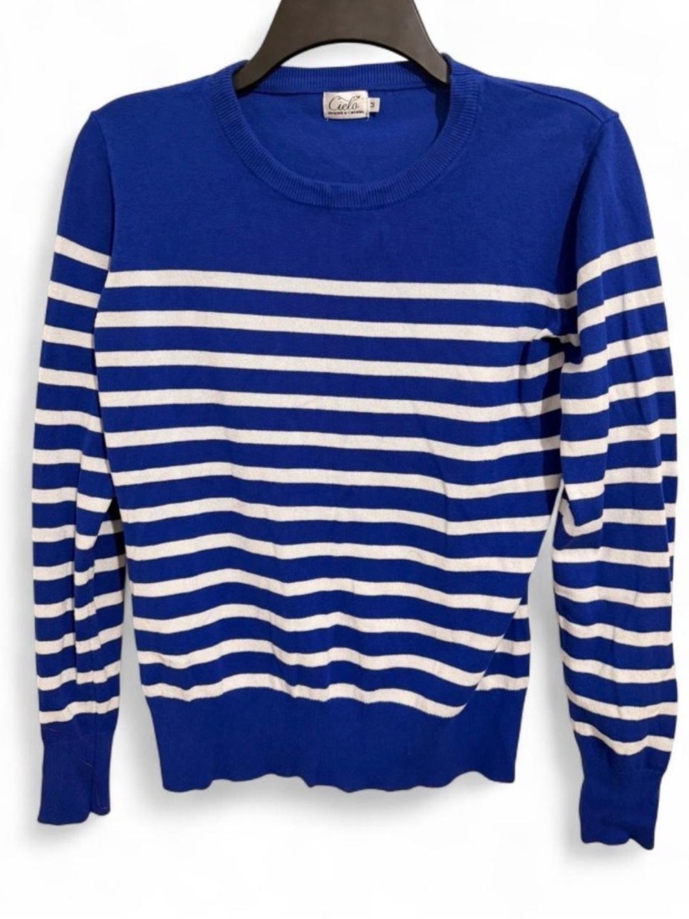 Vintage Unique Cielo Royal Blue & White Striped Crewneck Sweater - M